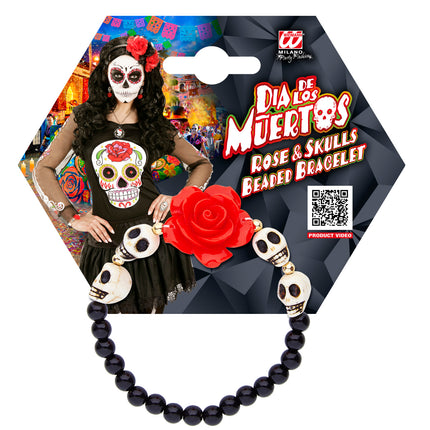 e-carnavalskleding-SYK Schedel armband met rode roos