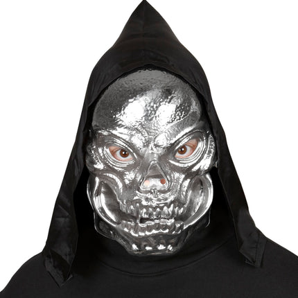 e-carnavalskleding-SYK Schedel masker zilver metallic met capuchon