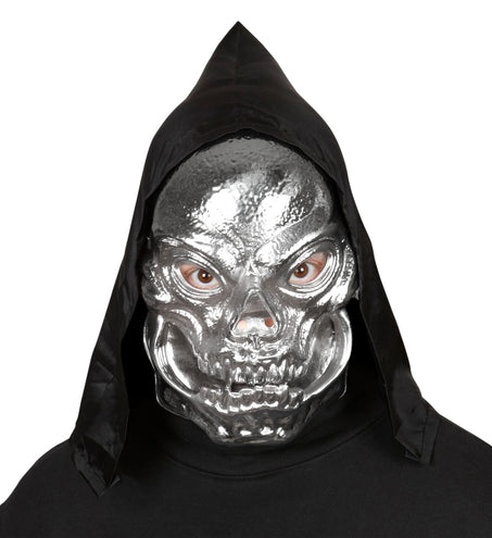 e-carnavalskleding-SYK Schedel masker zilver metallic met capuchon