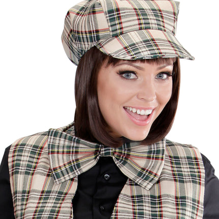e-carnavalskleding-SYK Schotse pet tartan met strik ruit beige
