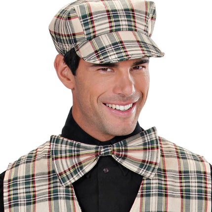 e-carnavalskleding-SYK Schotse pet tartan met strik ruit beige