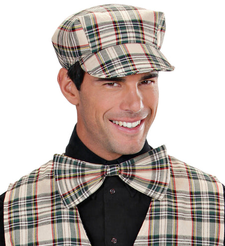 e-carnavalskleding-SYK Schotse pet tartan met strik ruit beige