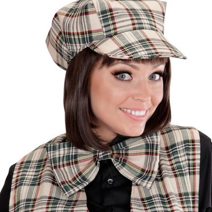 e-carnavalskleding-SYK Schotse pet tartan met strik ruit beige
