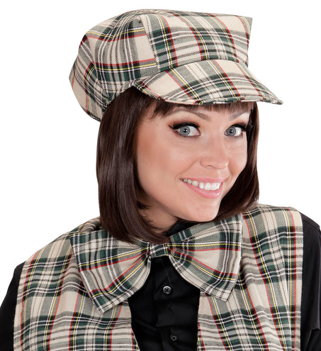 e-carnavalskleding-SYK Schotse pet tartan met strik ruit beige