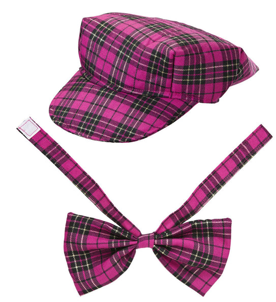 e-carnavalskleding-SYK Schotse pet tartan met strik ruit roze