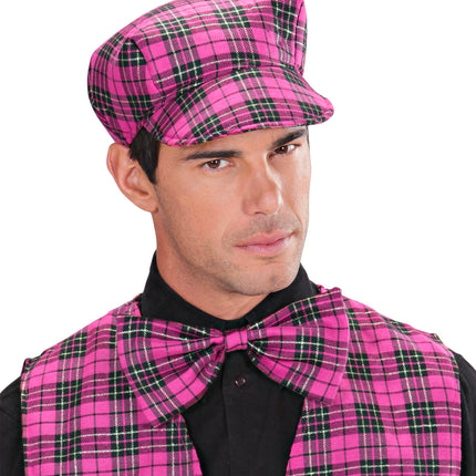 e-carnavalskleding-SYK Schotse pet tartan met strik ruit roze