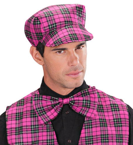 e-carnavalskleding-SYK Schotse pet tartan met strik ruit roze