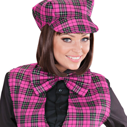 e-carnavalskleding-SYK Schotse pet tartan met strik ruit roze