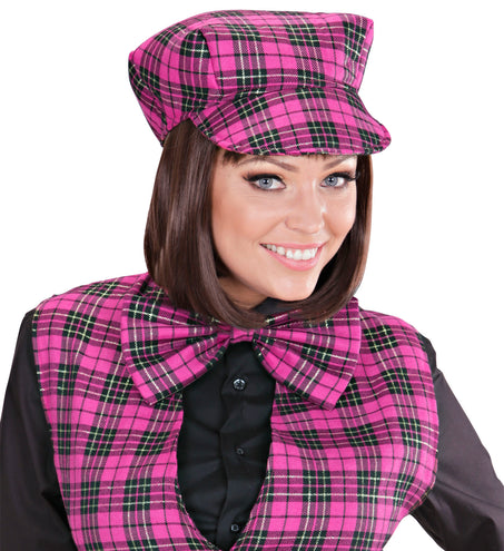 e-carnavalskleding-SYK Schotse pet tartan met strik ruit roze