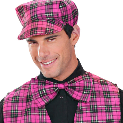e-carnavalskleding-SYK Schotse pet tartan met strik ruit roze