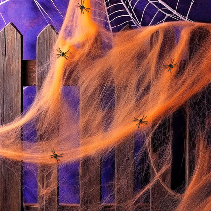 e-carnavalskleding-SYK Spinnenweb oranje 100 gram met 5 spinnen