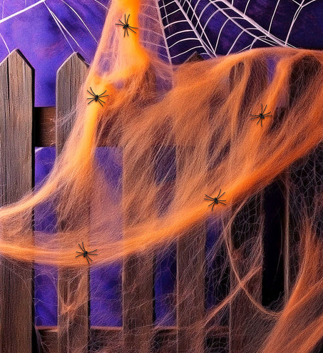 e-carnavalskleding-SYK Spinnenweb oranje 100 gram met 5 spinnen