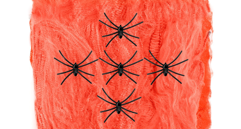 e-carnavalskleding-SYK Spinnenweb oranje 100 gram met 5 spinnen