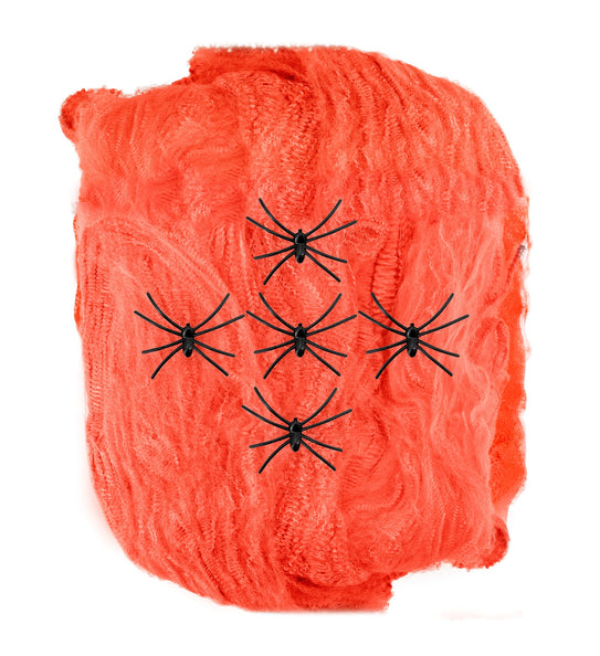 e-carnavalskleding-SYK Spinnenweb oranje 100 gram met 5 spinnen