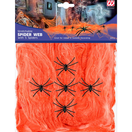 e-carnavalskleding-SYK Spinnenweb oranje 100 gram met 5 spinnen