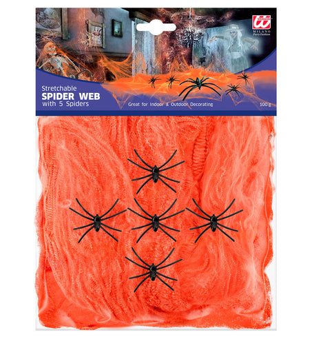 e-carnavalskleding-SYK Spinnenweb oranje 100 gram met 5 spinnen