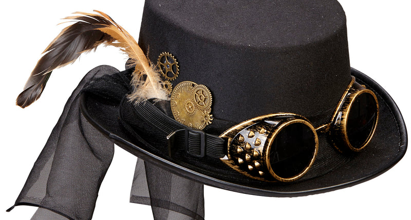 e-carnavalskleding-SYK Steampunk hoge hoed zwart met stofbril