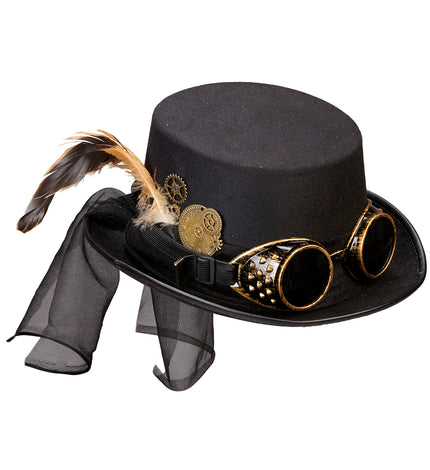 e-carnavalskleding-SYK Steampunk hoge hoed zwart met stofbril