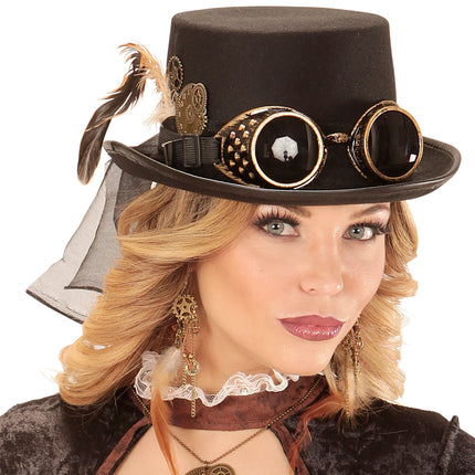 e-carnavalskleding-SYK Steampunk hoge hoed zwart met stofbril