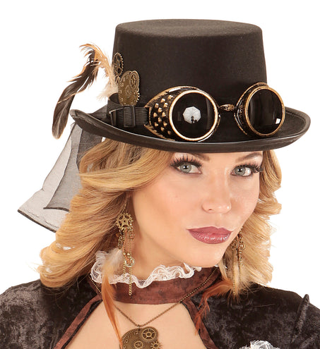 e-carnavalskleding-SYK Steampunk hoge hoed zwart met stofbril
