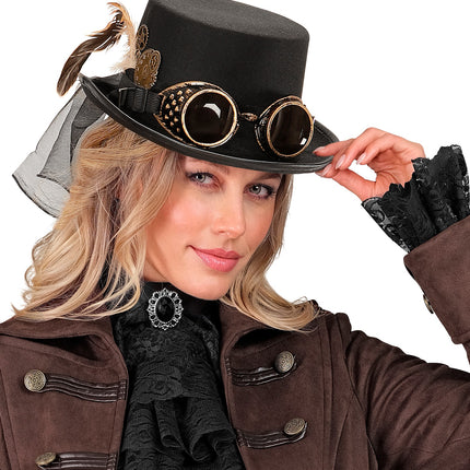 e-carnavalskleding-SYK Steampunk hoge hoed zwart met stofbril