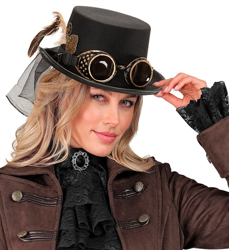 e-carnavalskleding-SYK Steampunk hoge hoed zwart met stofbril