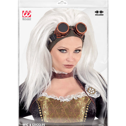 e-carnavalskleding-SYK Steampunk pruik wit met stofbril