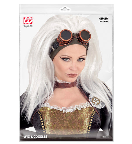 e-carnavalskleding-SYK Steampunk pruik wit met stofbril