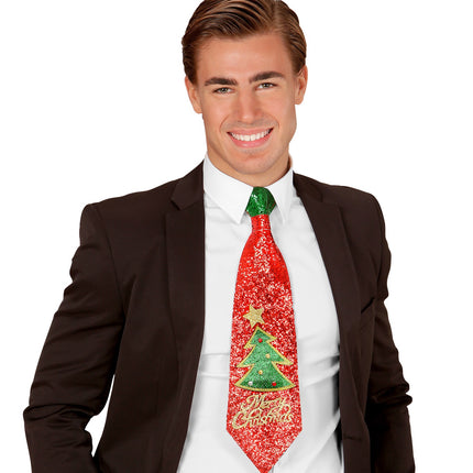 e-carnavalskleding-SYK Stropdas kerstboom glitter rood