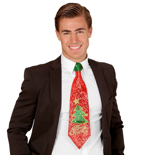 e-carnavalskleding-SYK Stropdas kerstboom glitter rood