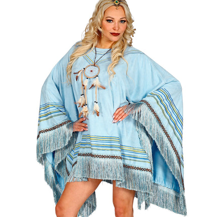e-carnavalskleding-SYK Suede poncho in hemelsblauw met print unisex