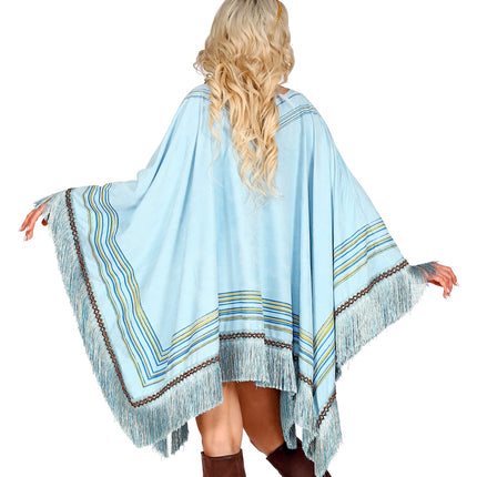 e-carnavalskleding-SYK Suede poncho in hemelsblauw met print unisex