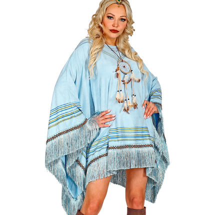 e-carnavalskleding-SYK Suede poncho in hemelsblauw met print unisex