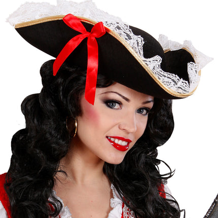 e-carnavalskleding-SYK Tricorn hoge hoed met kant en strik