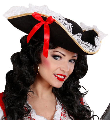 e-carnavalskleding-SYK Tricorn hoge hoed met kant en strik