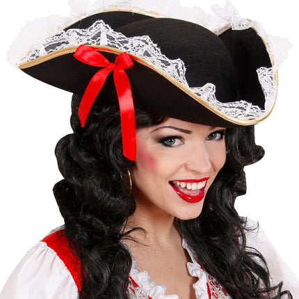 e-carnavalskleding-SYK Tricorn hoge hoed met kant en strik