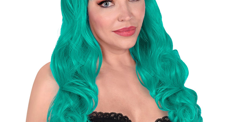e-carnavalskleding-SYK Turquoise pruik met pony en lang krullend haar