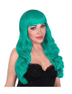 e-carnavalskleding-SYK Turquoise pruik met pony en lang krullend haar