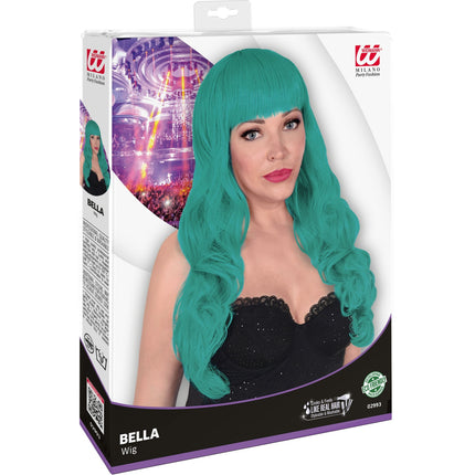 e-carnavalskleding-SYK Turquoise pruik met pony en lang krullend haar
