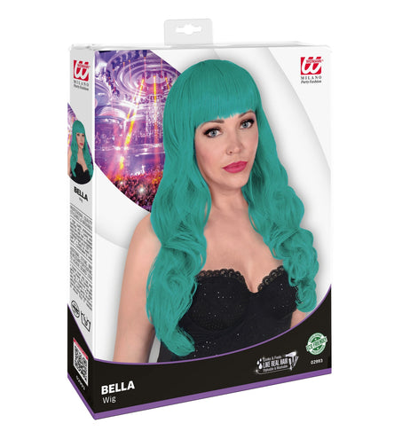 e-carnavalskleding-SYK Turquoise pruik met pony en lang krullend haar