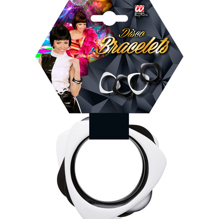 e-carnavalskleding-SYK Wit met zwarte disco armbandjes
