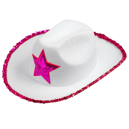 e-carnavalskleding-SYK Witte cowboyhoed met roze paillettten ster
