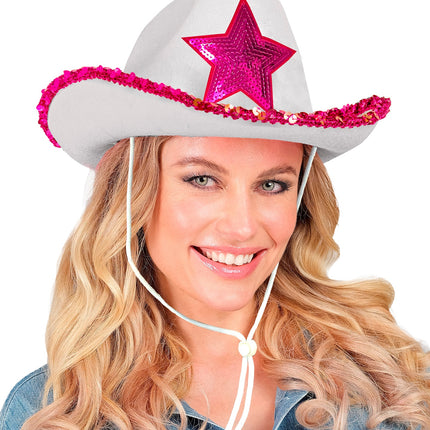 e-carnavalskleding-SYK Witte cowboyhoed met roze paillettten ster