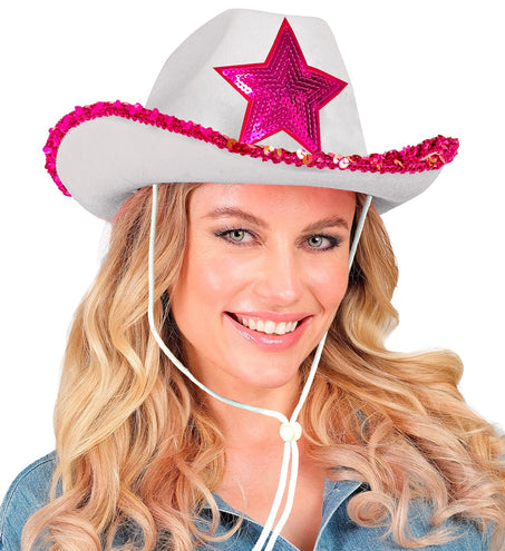 e-carnavalskleding-SYK Witte cowboyhoed met roze paillettten ster