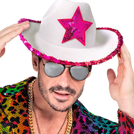 e-carnavalskleding-SYK Witte cowboyhoed met roze paillettten ster