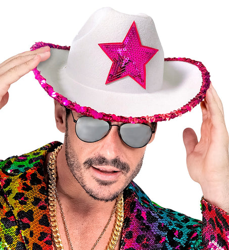 e-carnavalskleding-SYK Witte cowboyhoed met roze paillettten ster