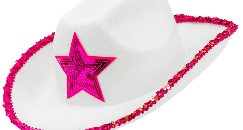 e-carnavalskleding-SYK Witte cowboyhoed met roze paillettten ster