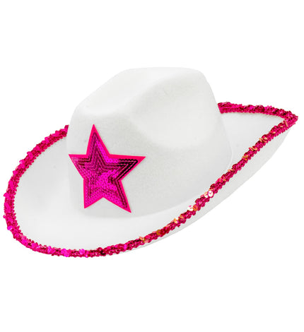 e-carnavalskleding-SYK Witte cowboyhoed met roze paillettten ster