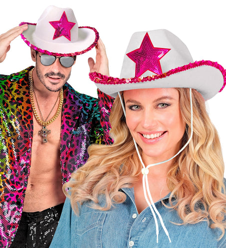 e-carnavalskleding-SYK Witte cowboyhoed met roze paillettten ster