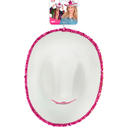 e-carnavalskleding-SYK Witte cowboyhoed met roze paillettten ster